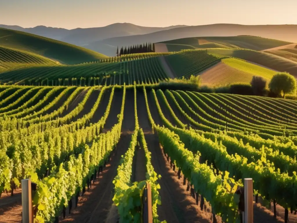 Paisaje de viñedo minimalista en 8k, con luz dorada del atardecer