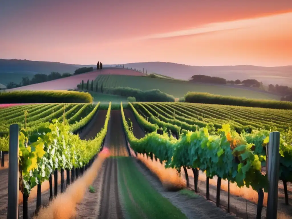 Paisaje de viñedo sereno al atardecer, resaltando la belleza natural y la conexión con la tierra