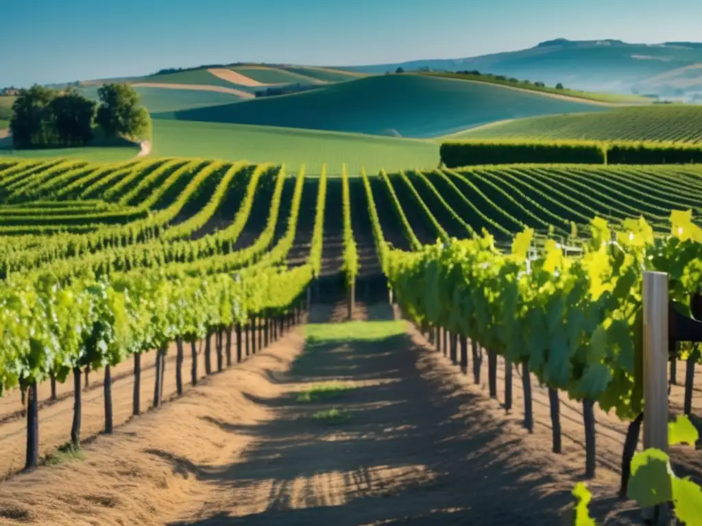 Paisaje de viñedo sereno con orden y simetría, destacando festivales de vino y arte