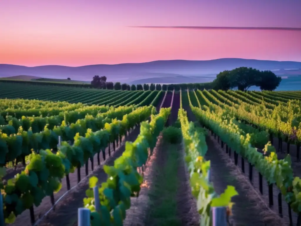 Paisaje de viñedos al atardecer, con colores vibrantes y líneas limpias