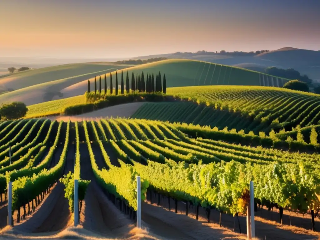 Paisaje de viñedos al atardecer, resaltando festivales de vino y arte