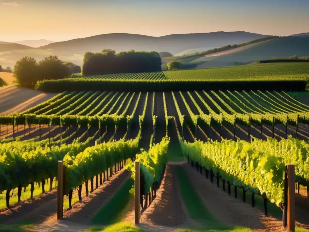 Paisaje de viñedos al atardecer, simbolizando la integración europea en la viticultura