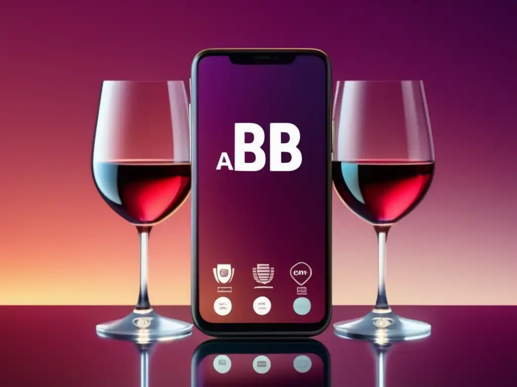 Pantalla de smartphone 8K con iconos de apps de puntuación y reseñas de vinos