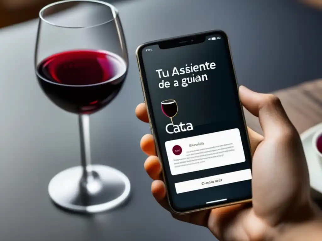 Guía paso a paso para catar vinos: Imagen de smartphone minimalista con icono de copa de vino, ilustrando los pasos de cata y elegancia del vino