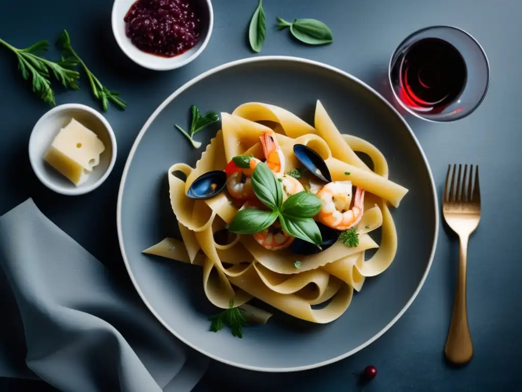 Combinación Merlot y pasta italiana: Plato de pasta al dente con mariscos o pescado, acompañado de vino Merlot