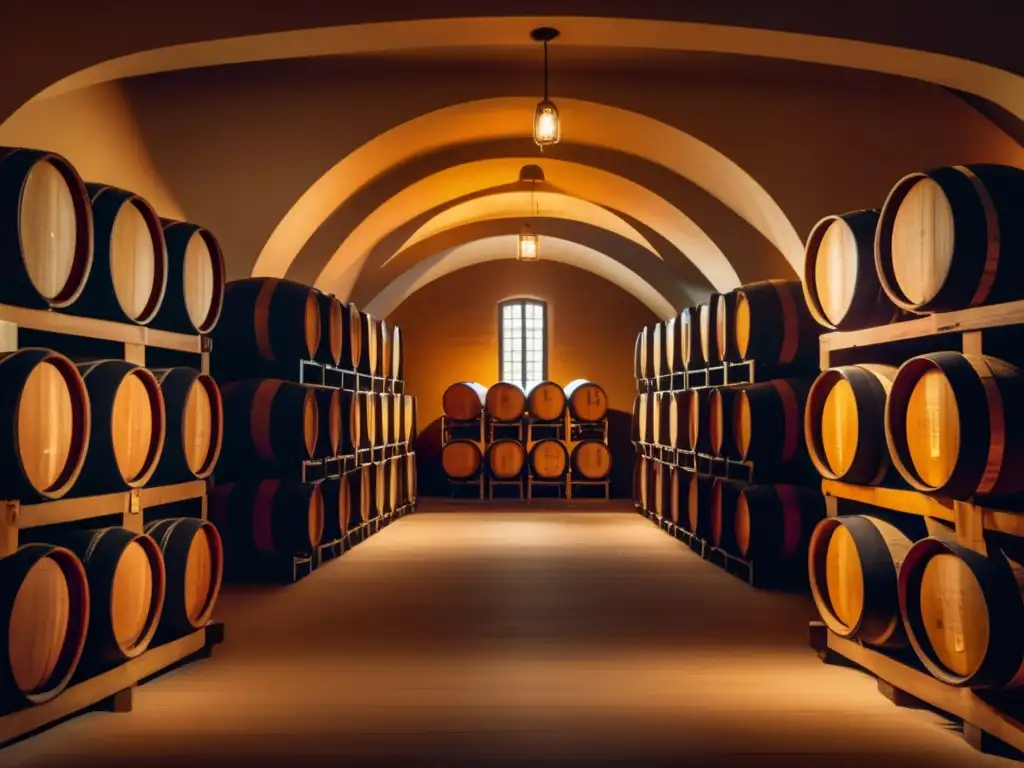 Película: Vintage bodega de vinos dorada con barriles de madera organizados y una botella de vino tinto en mesa de madera