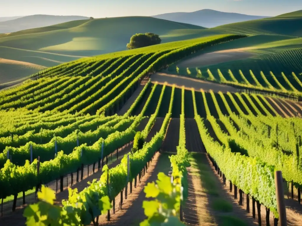 Perfiles emergentes vinos mundo cálido - Paisaje de viñedo soleado destaca en colinas con hileras de uvas vibrantes y sombras alargadas