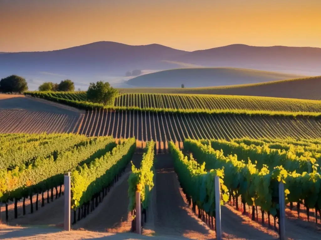 Perfiles emergentes vinos mundo cálido, viñedo minimalista al atardecer