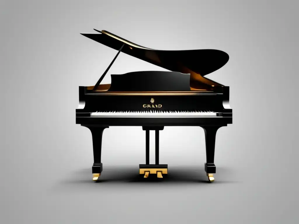 Piano negro y blanco con estilo minimalista, evocando elegancia y música clásica inspirada en vinos