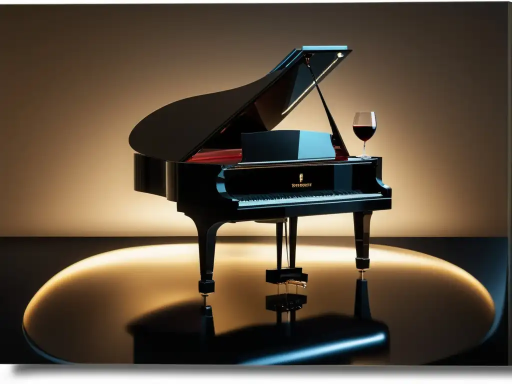 Piano negro con copa de vino: Música clásica inspirada en vinos