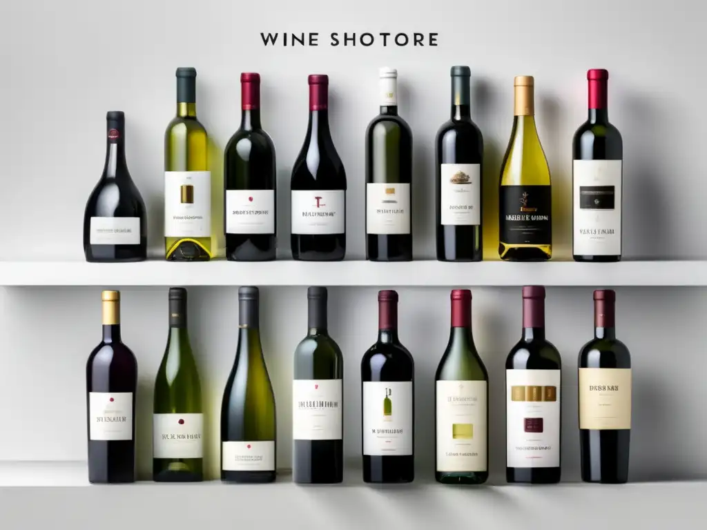 Plataforma ecommerce vinos online: interfaz minimalista y sofisticada con botellas de vino organizadas