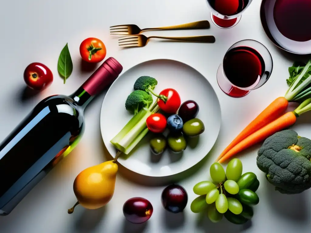 Plato de alimentos saludables y vino, beneficios de una dieta baja en histaminas y consumo de vino