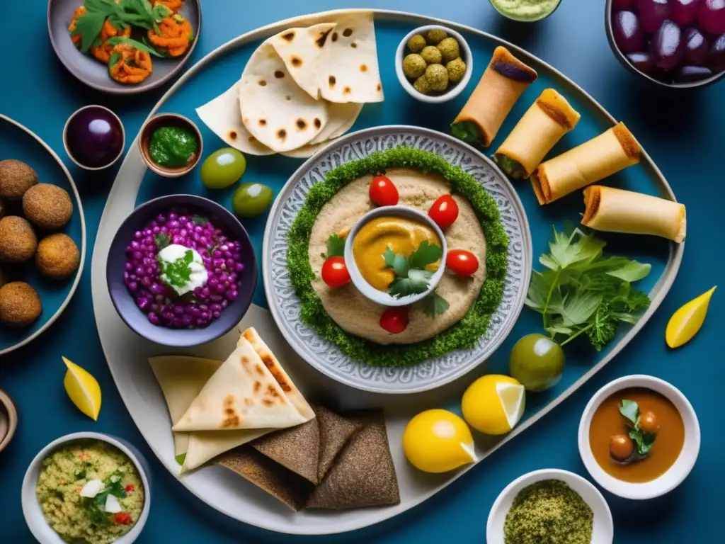 Plato árabe con hummus, falafel, tabbouleh, hojas de parra rellenas y baba ganoush