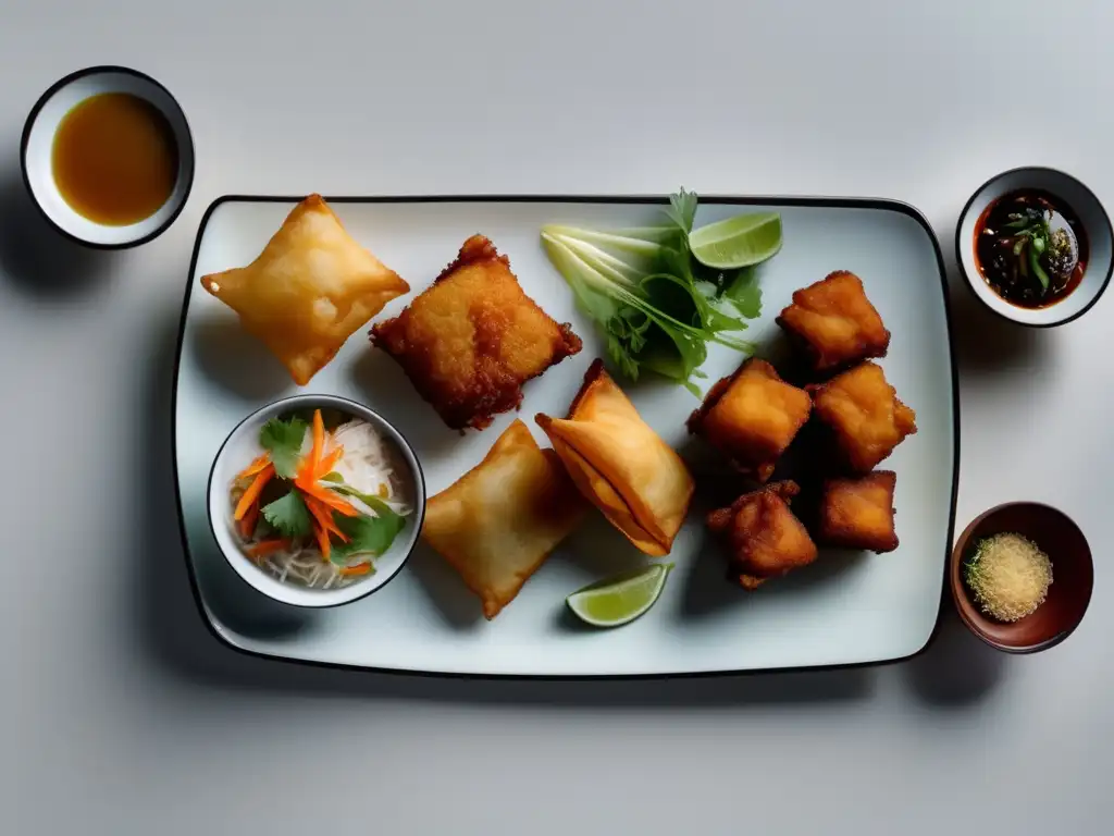 Deliciosos platos asiáticos fritos y tempuras Plato asiático de fritos con maridaje de vinos: rolls, tempura, frituras y dumplings