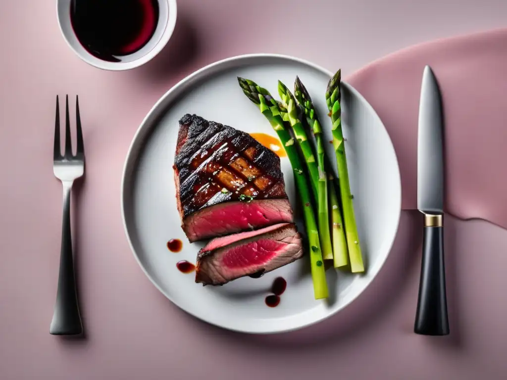 Plato blanco con bistec jugoso, espárragos verdes y salsa de vino reducido