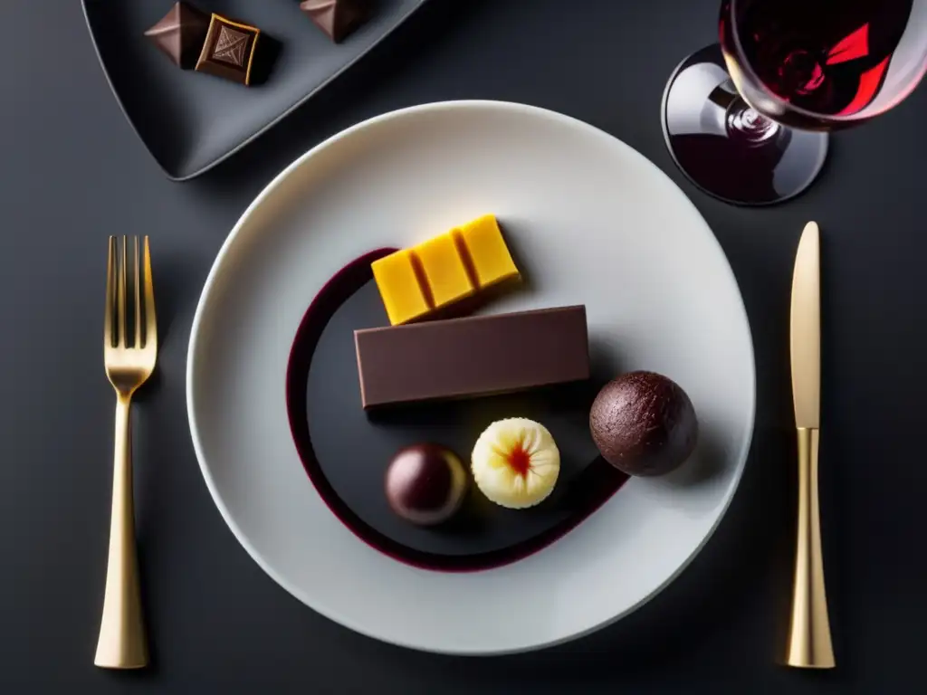 Delicioso maridaje de chocolate y vino Plato blanco con chocolates artesanales y vino tinto