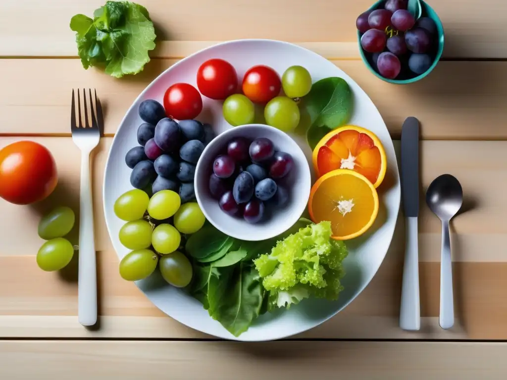 Plato blanco con frutas y verduras frescas para vinos adecuados a dieta