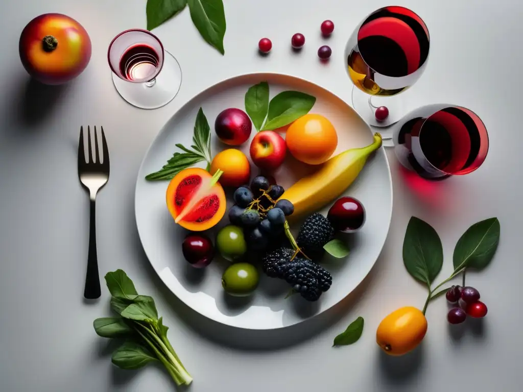 Plato blanco con frutas y verduras coloridas, rodeado de copas de vino