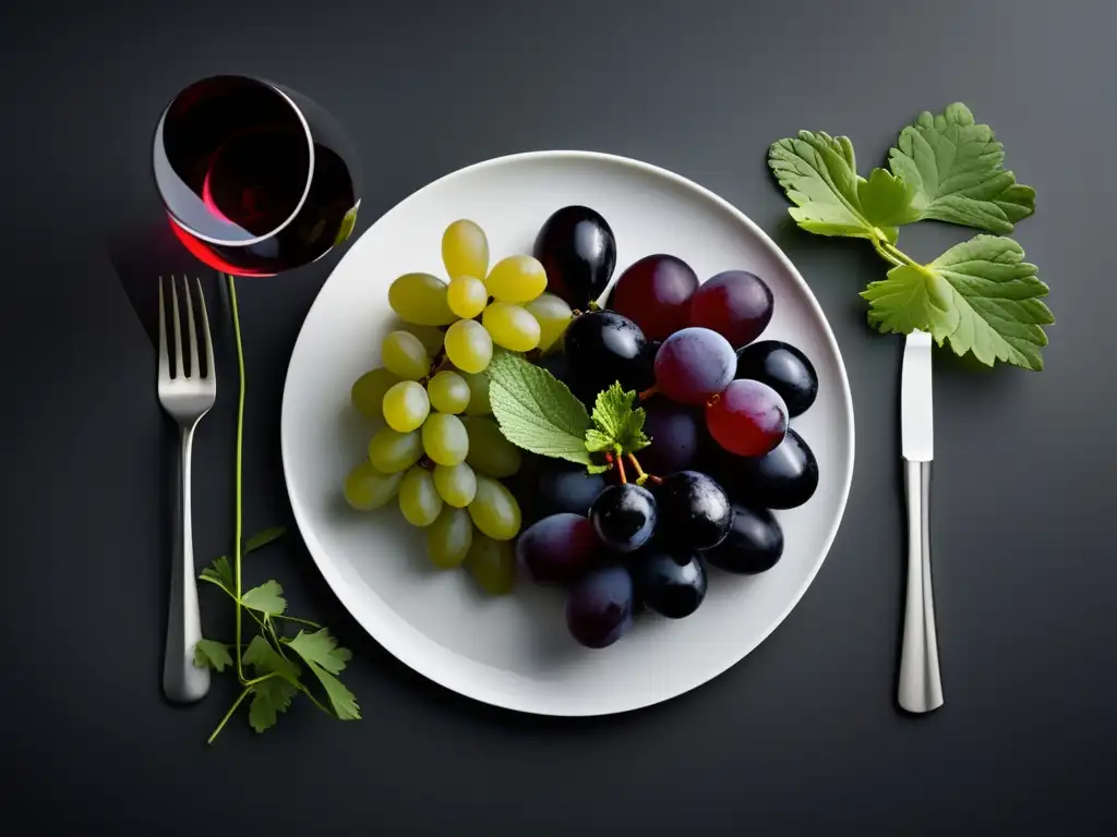Plato gourmet con ingredientes de vino Plato blanco con ingredientes coloridos simbolizando regiones vinícolas de lujo chefs