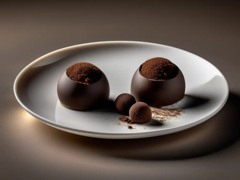 Plato blanco minimalista con deliciosos trufas de chocolate