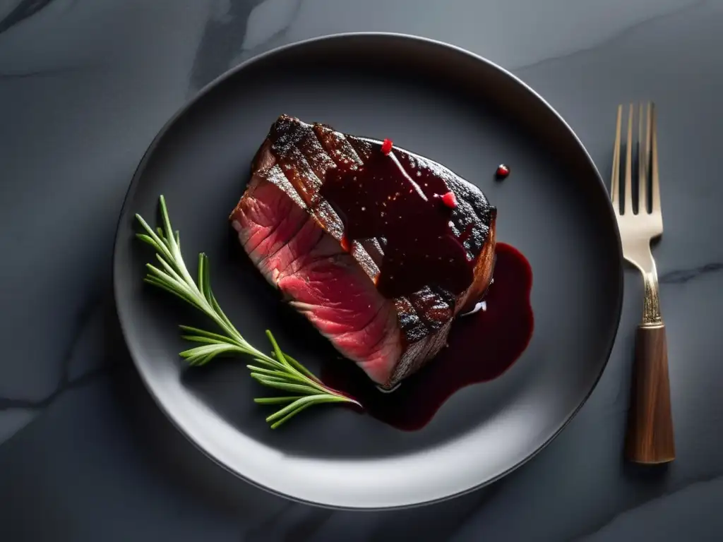 Plato blanco con salsa de vino rojo y filete de ternera, decorado con hierbas frescas