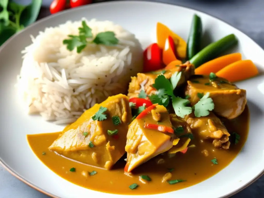 Delicioso curry de pollo con arroz basmati Plato de curry de pollo con arroz basmati, especias aromáticas y maridaje Viognier
