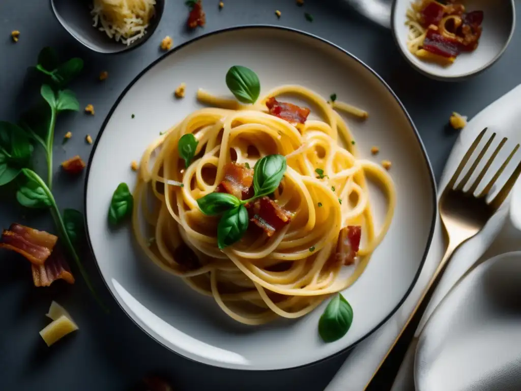 Plato de espaguetis alla carbonara, cremosos y decorados con bacon crujiente y queso Parmesano