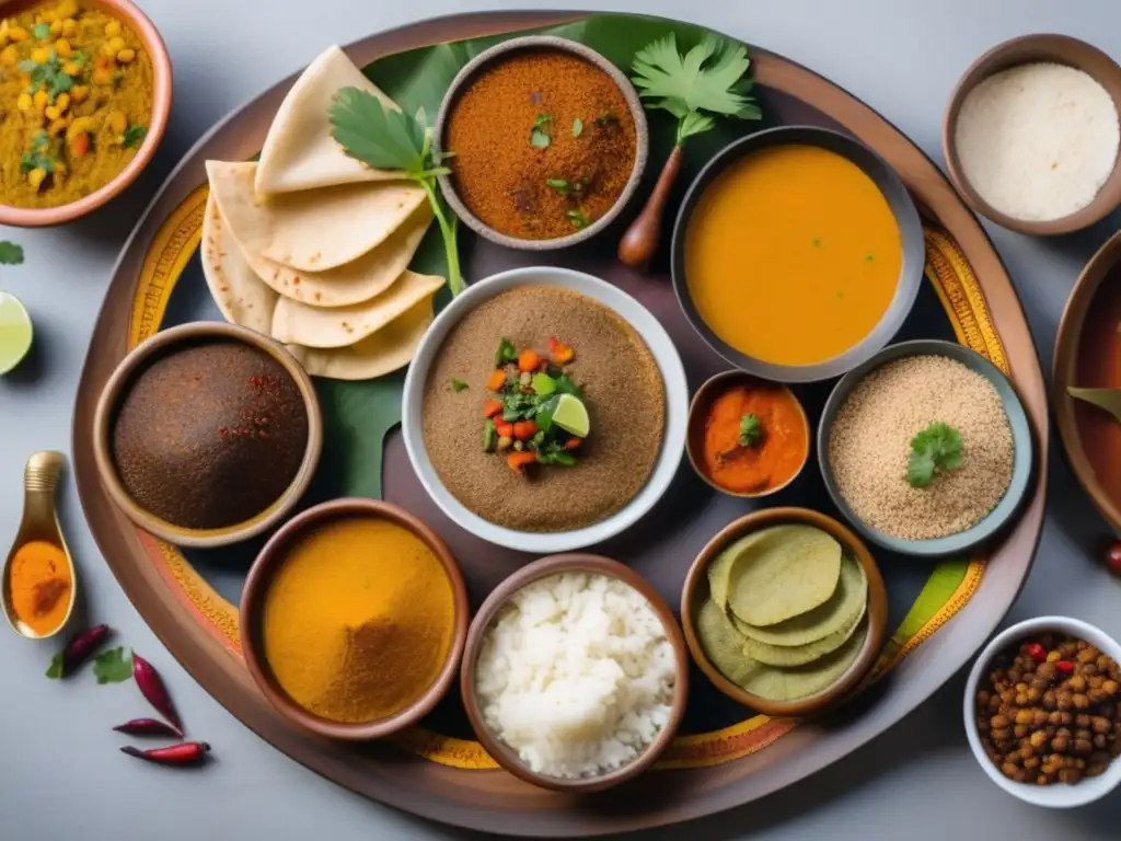 Plato etíope exótico con vinos - Doro wat, kitfo y shiro en plato de injera, rodeado de especias fragantes