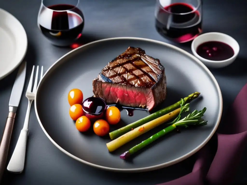 Plato gourmet con steak, salsa de vino tinto y acompañamientos Plato gourmet con steak, salsa de vino, verduras y vino tinto