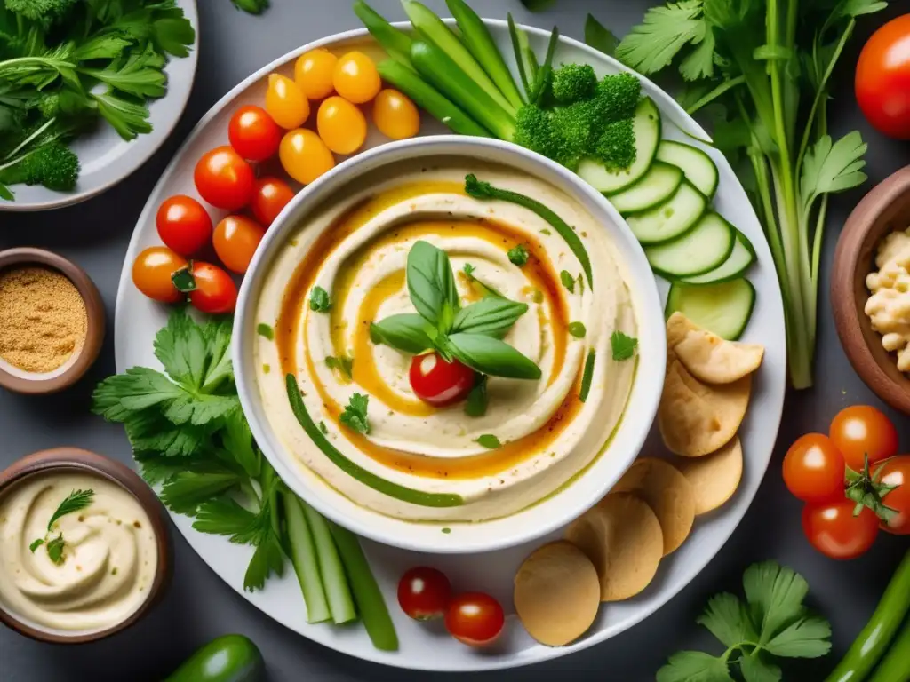 Plato de hummus con vegetales y hierbas, maridajes vinos cocina Oriente Medio