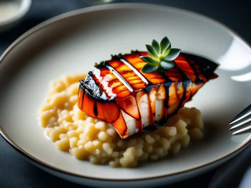 Plato de langosta a la parrilla con risotto cremoso y maridaje de Chardonnay (110 caracteres)