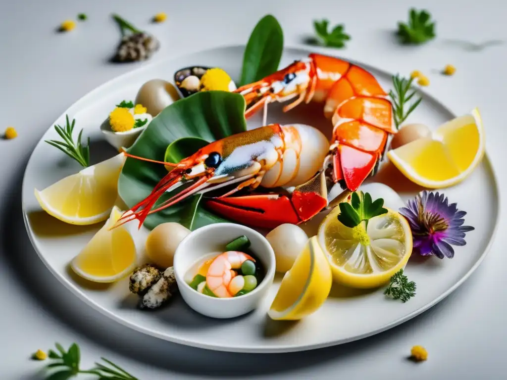 Un plato de mariscos exquisitamente presentado con camarones, langosta, ostras y vieiras, acompañado de limones, hierbas frescas y flores comestibles