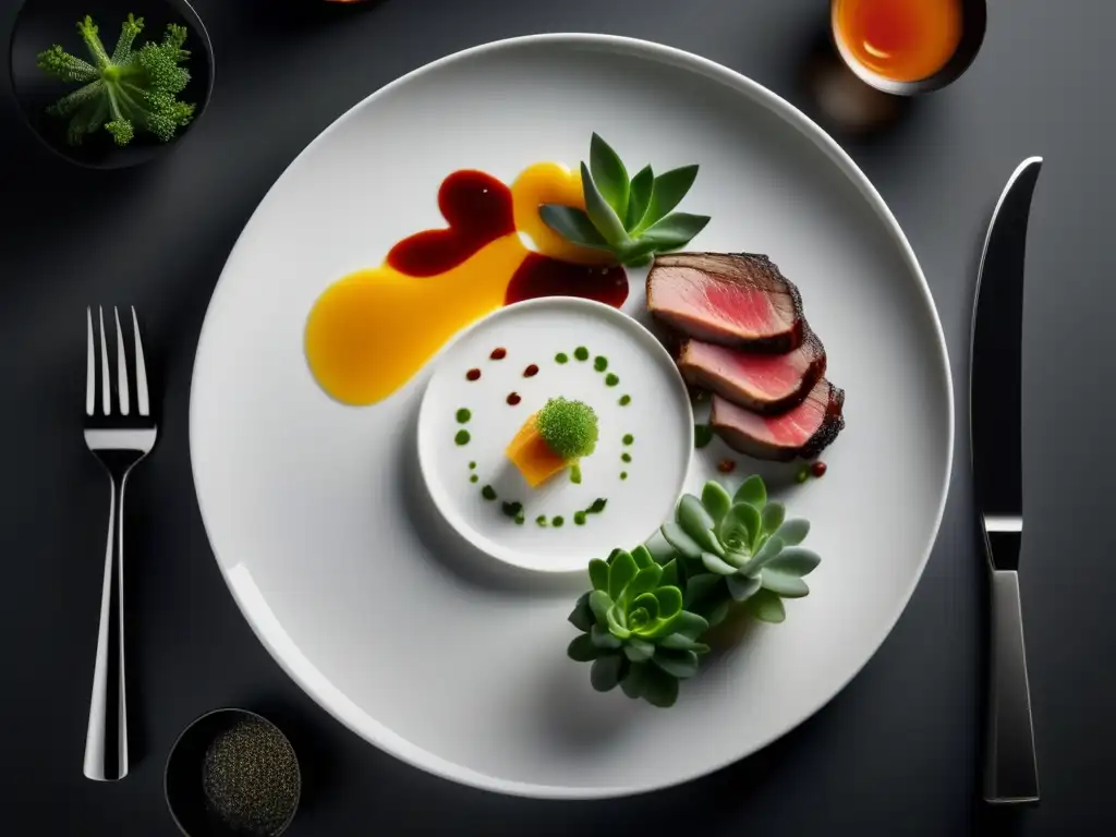 Plato gourmet con carne y vino Plato Michelin con maridaje de vinos: deleite culinario en elegante presentación