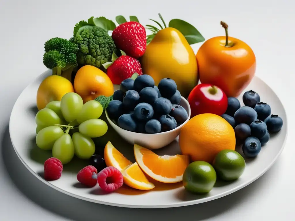 Plato saludable con frutas y verduras coloridas, promoviendo una dieta equilibrada y los beneficios del vino en la dieta