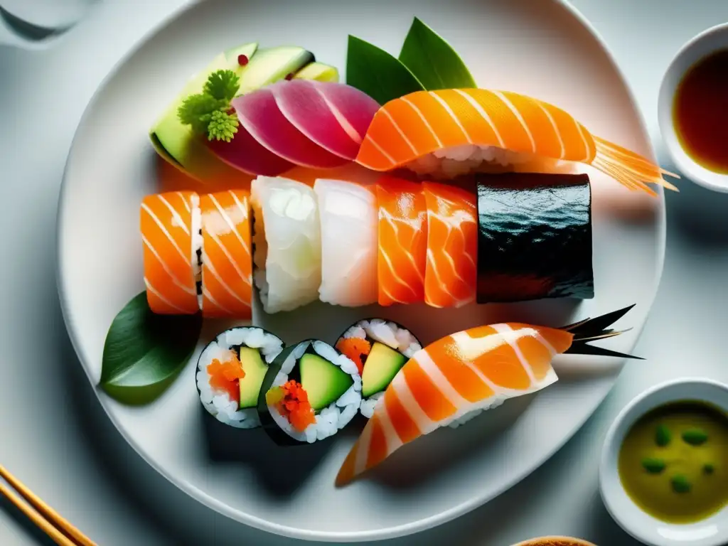 Plato de sushi exquisitamente elaborado, ideal para maridar con vinos para sushi