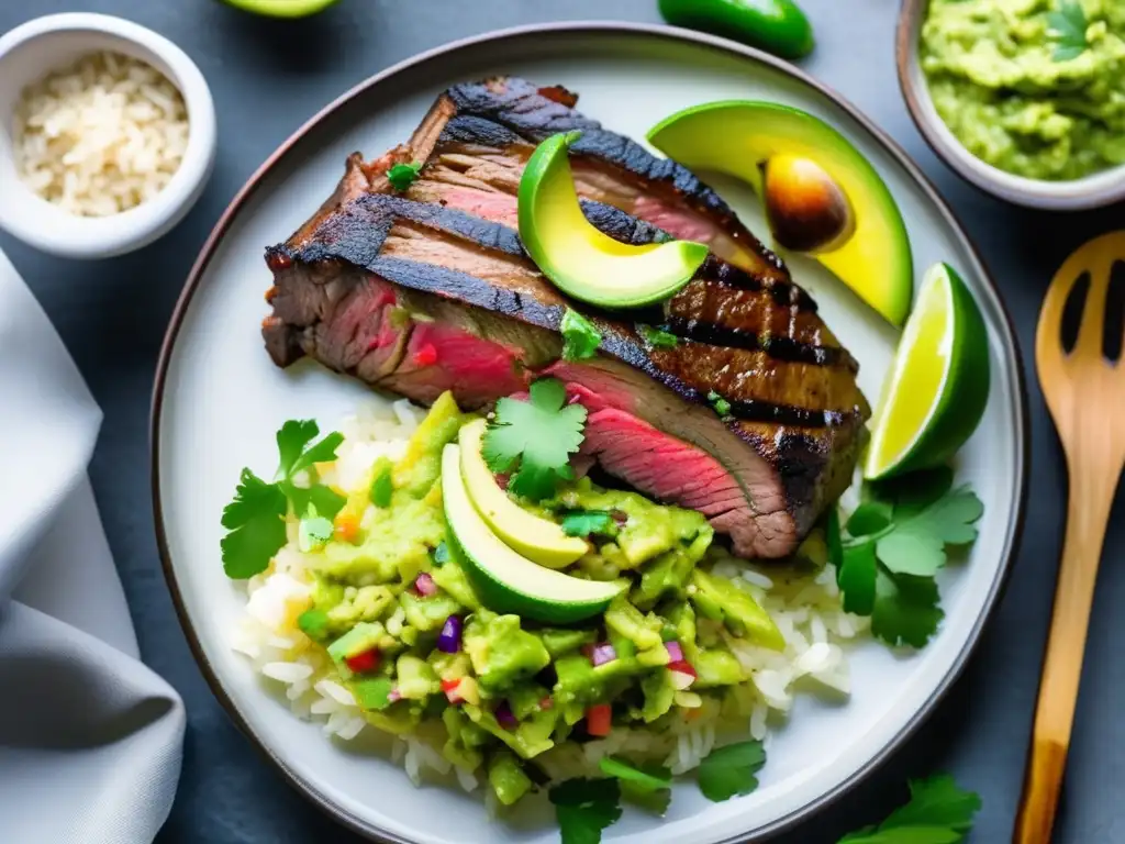 Deliciosa TexMex con vibrantes colores Plato TexMex vibrante con un jugoso bistec a la parrilla, arroz de cilantro y guacamole casero