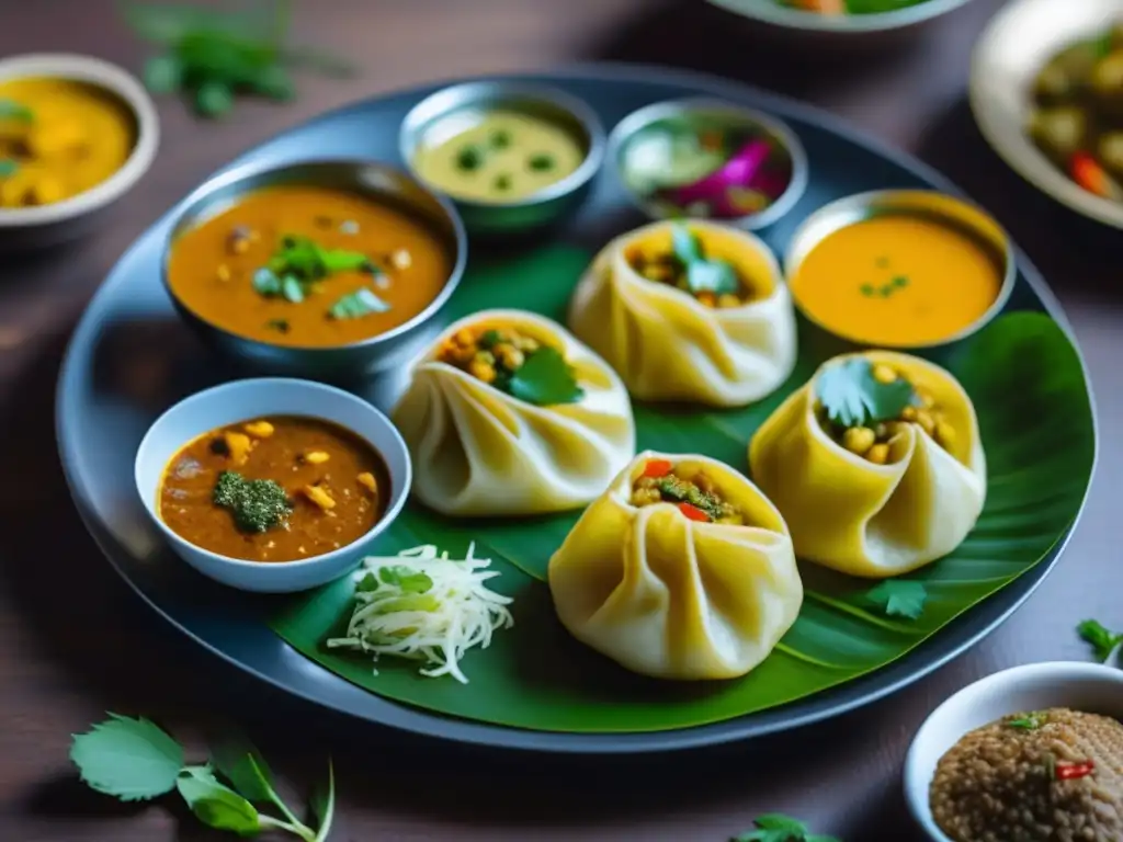 Deliciosa comida tradicional de Nepal Plato tradicional de cocina nepalesa con vinos para maridar