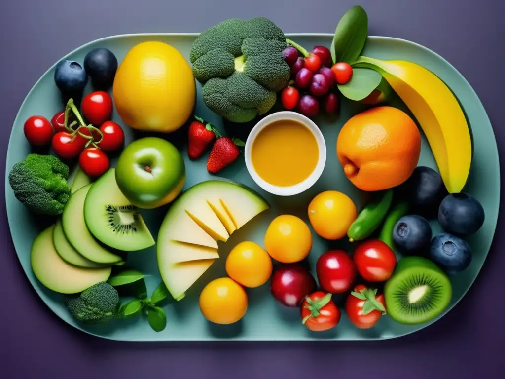 Plato vegano de frutas y verduras, colores y texturas vibrantes