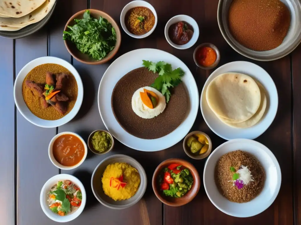 Platos etíopes exóticos con vinos - Elegante plato blanco sobre mesa de madera oscura, lleno de coloridos sabores etíopes