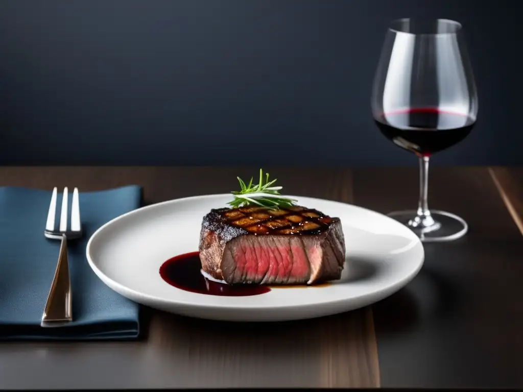 Plato elegante con steak y vino Platos Michelin maridaje vinos: Plato minimalista con filete jugoso, sal marina y reducción de vino, acompañado de vino intenso