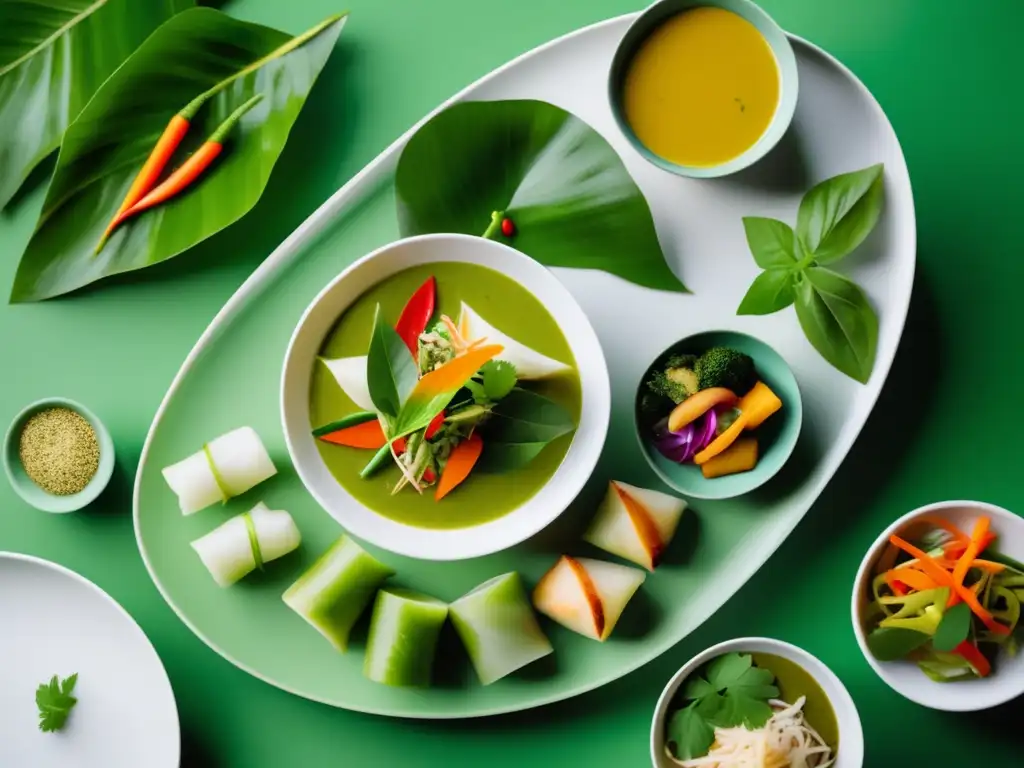 Deliciosa variedad de platos tailandeses Platos tailandeses con curry verde, rollitos de primavera y ensalada de papaya picante - Maridajes vinos cocina tailandesa