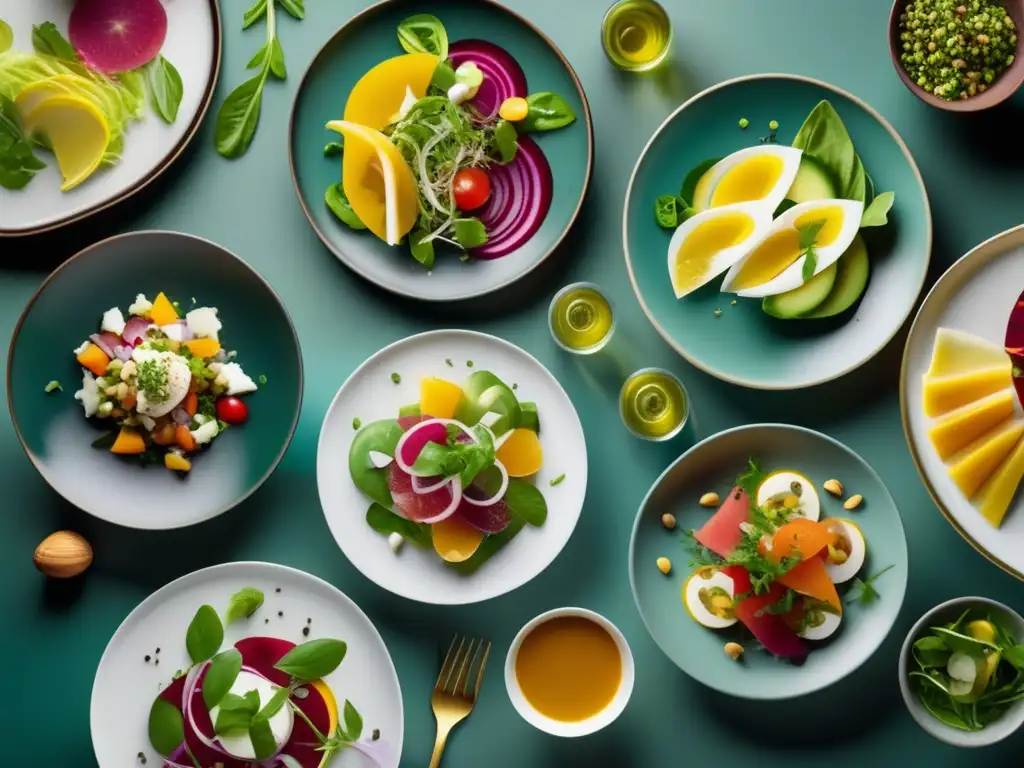 Platos vibrantes de ensaladas, carpaccio y ceviches con presentación exquisita