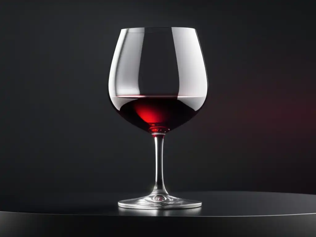 Poemas viticultura: Imagen minimalista de copa de vino rojo exquisitamente colocada sobre superficie negra, con luz ambiental y reflejos elegantes