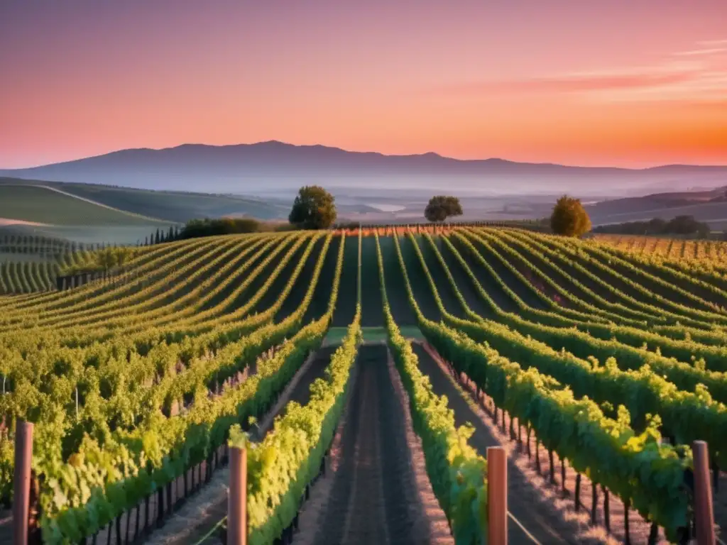 Política climática y vino: Viñedo al atardecer, armonía entre naturaleza y cambio climático