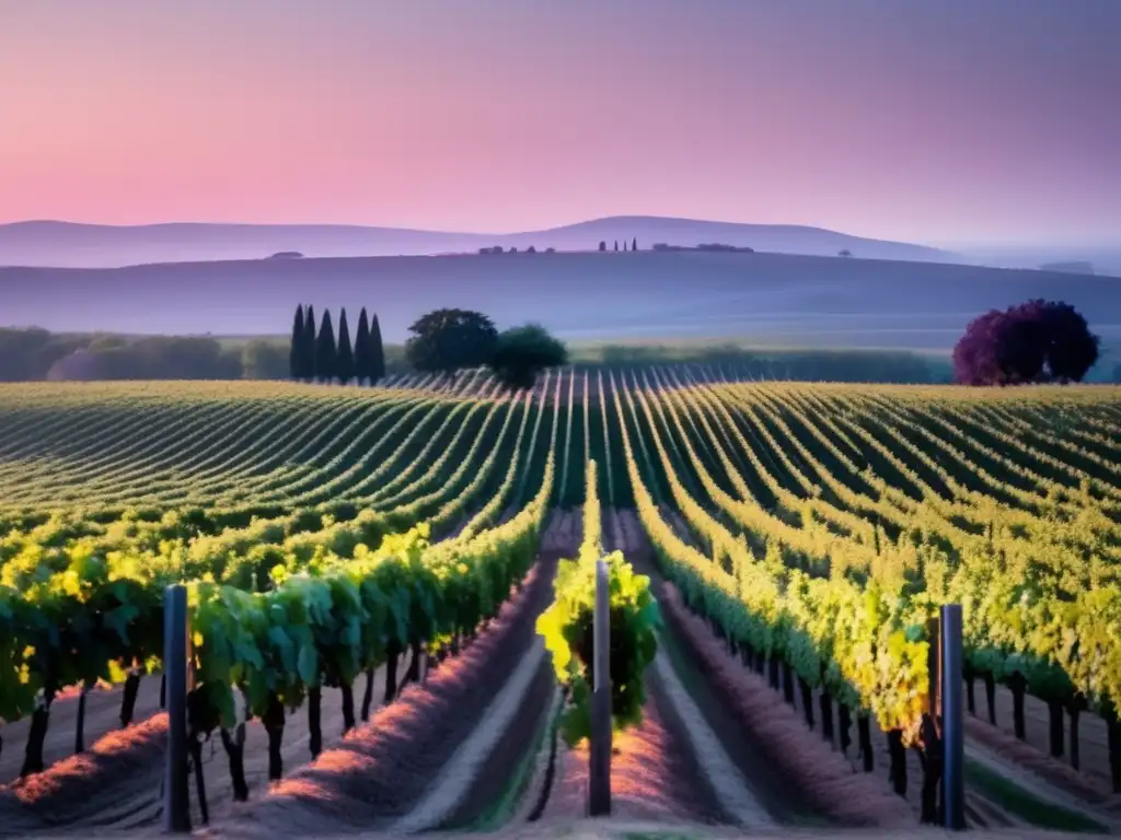 Polos vinícolas climas frescos: serena imagen de viñedo al atardecer, con viñas alineadas y un enólogo trabajando