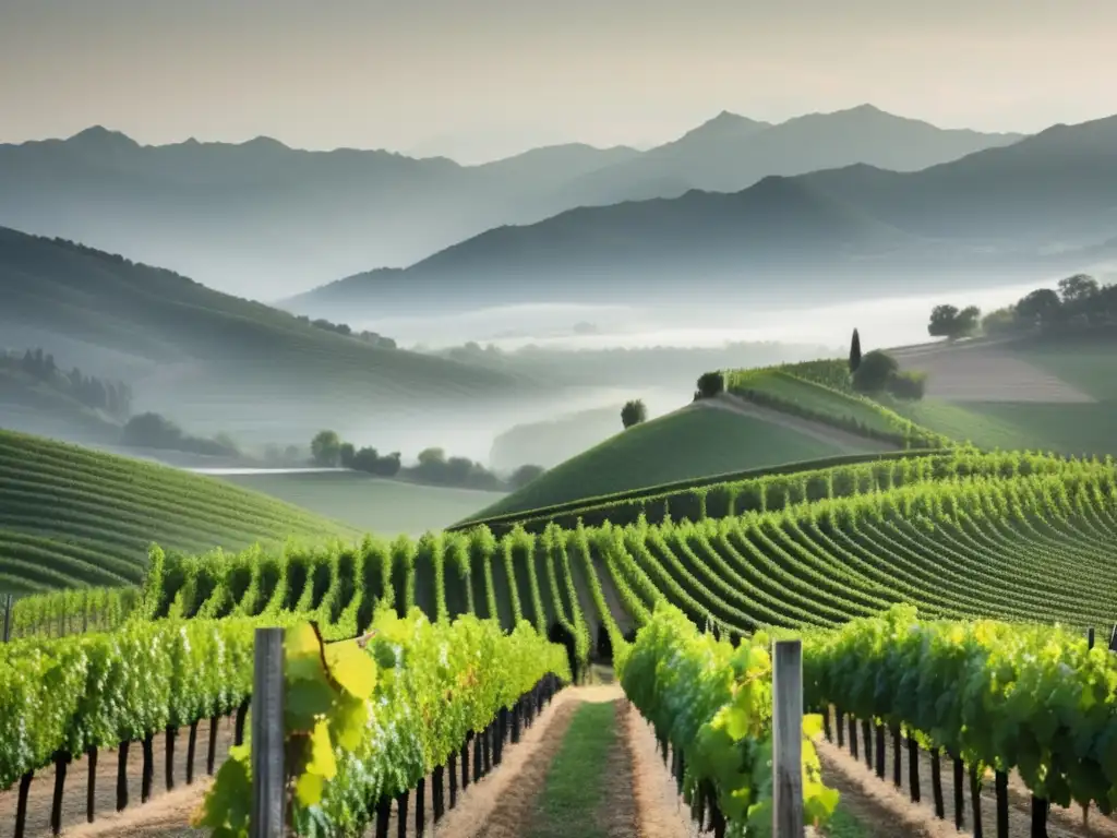 Polos vinícolas climas frescos: viñedo en montañas nebulosas, con filas de vides verdes y montañas imponentes de fondo