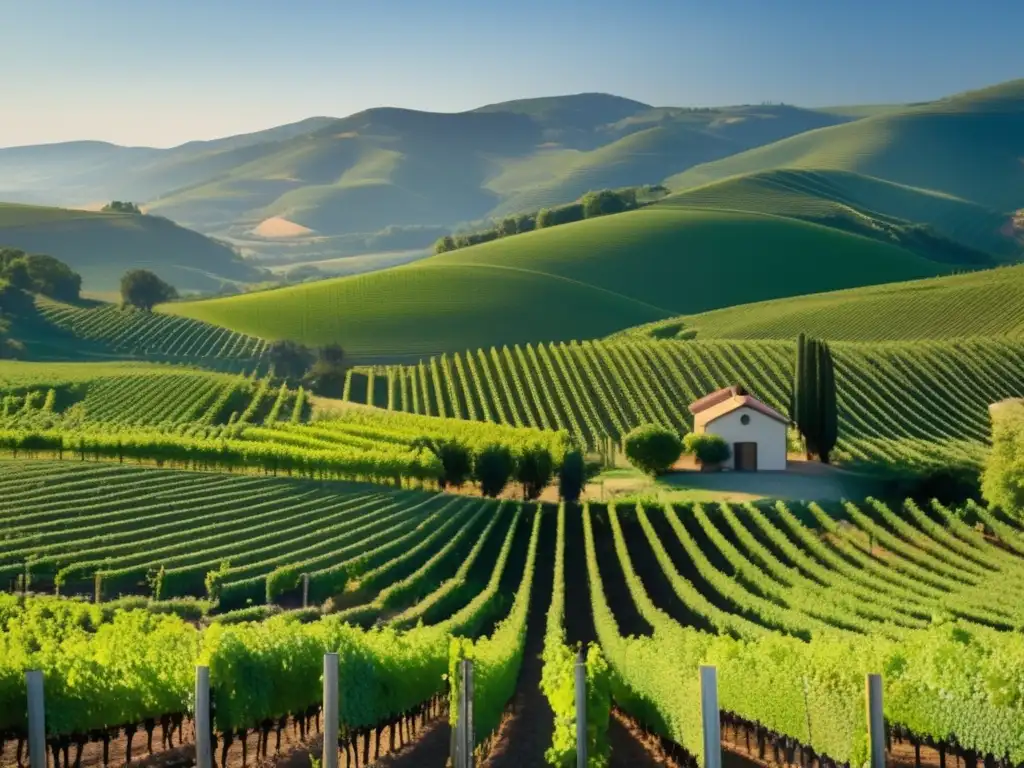 Polos vinícolas climas frescos: Viñedo pintoresco con colinas verdes y viñas vibrantes, destaca la elegancia de la región y su clima fresco