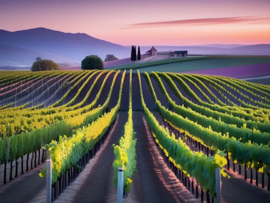 Polos vinícolas climas frescos - Viñedo minimalista al atardecer, con vides podadas y colores suaves en el cielo