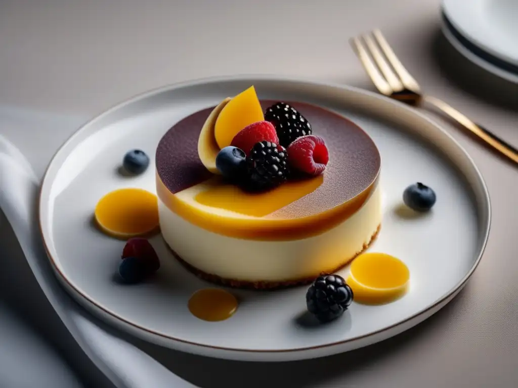 Deliciosa creación de postre con capas y texturas Postre gourmet: delicadeza y sabor en alta cocina - Postres maridaje vinos alta cocina