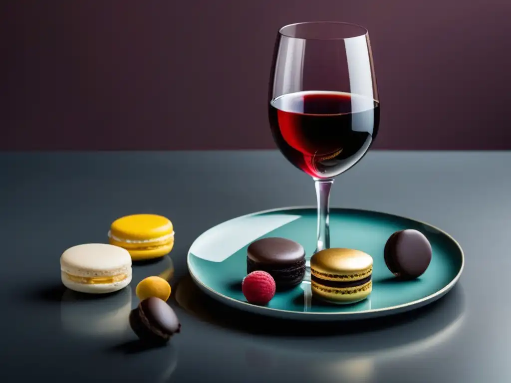 Campo_por_completar Postres maridaje vinos alta cocina - Plato de postres coloridos y delicados con copa de vino en mesa moderna